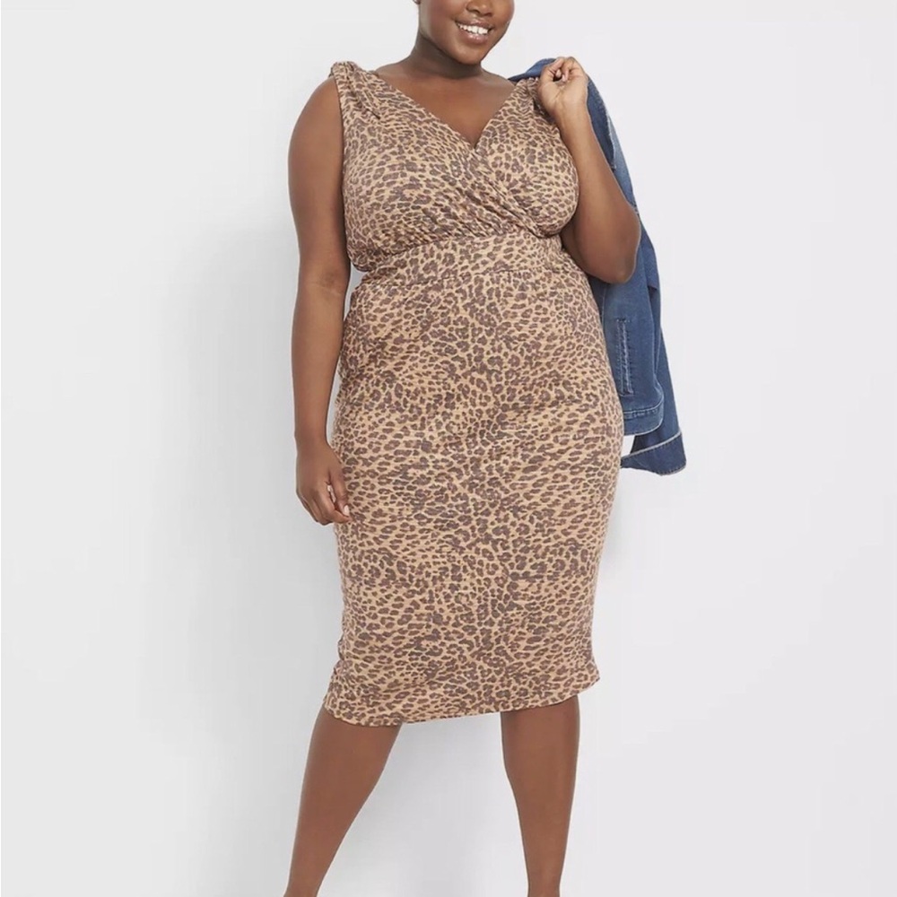 Lane Bryant Leopard Print Midi Dress bodycon plus 14/16 sleeveless V-neck brown